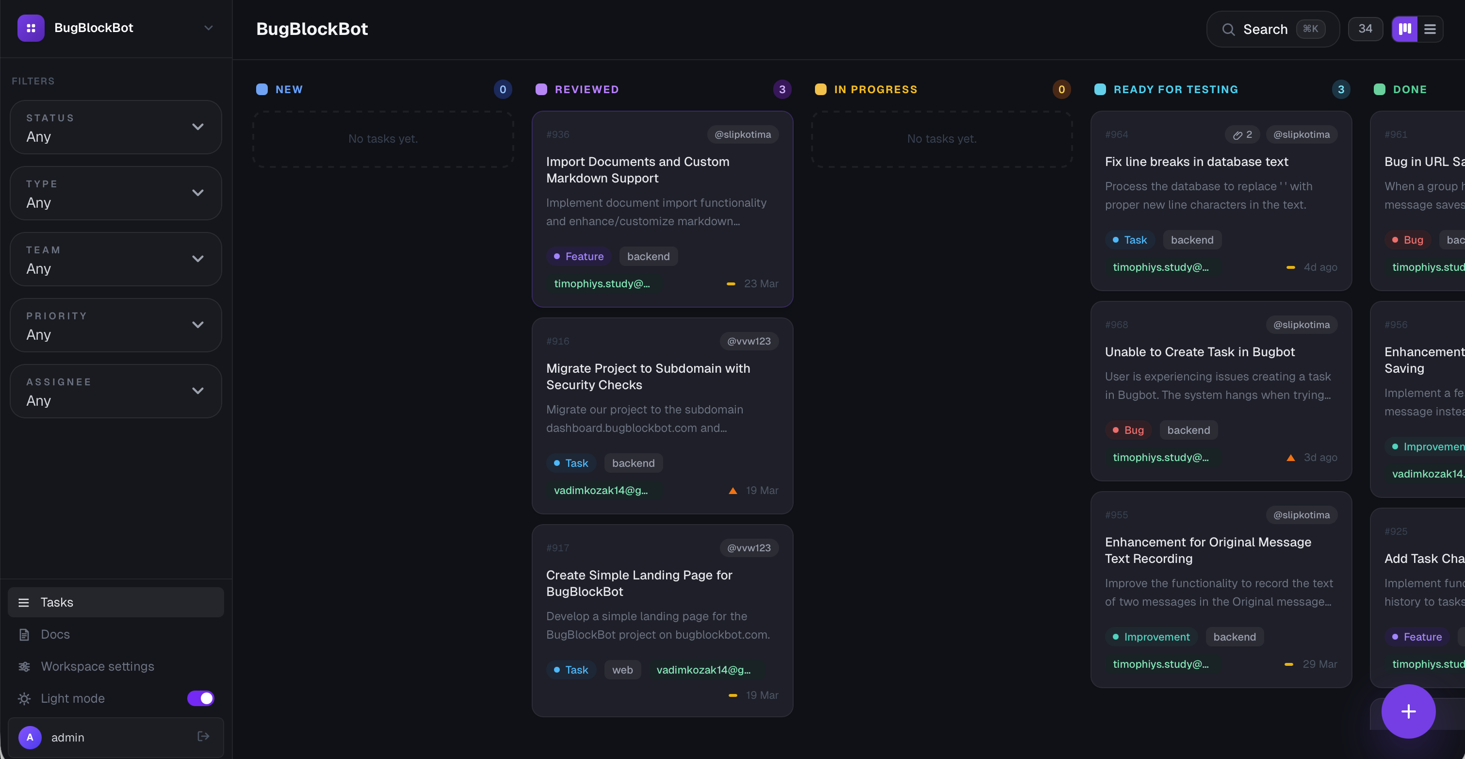 BugBlockBot kanban board showing tasks grouped by status inside the web app.