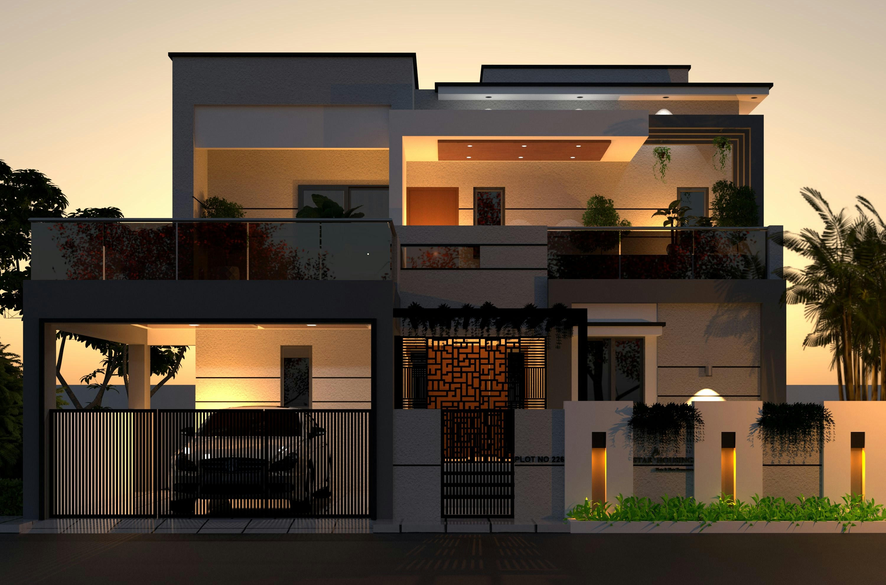 Real estate marketplace preview showing a modern villa exterior at dusk.