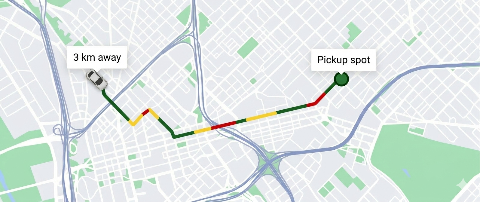 Taxi platform preview showing a city route map with pickup point, route status colors, and nearby driver distance.